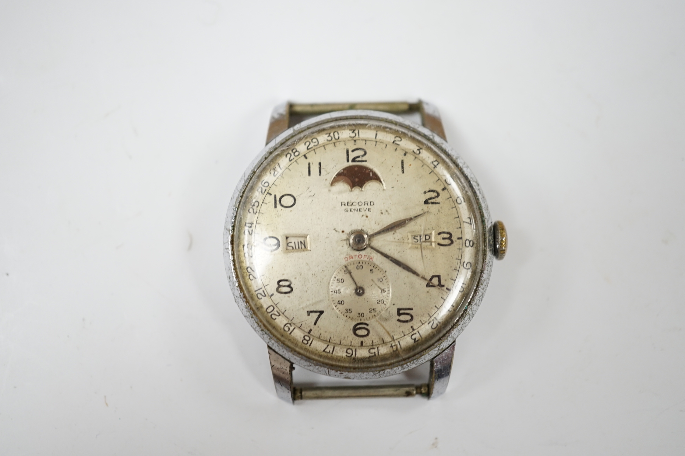 A gentleman's stainless steel Record calendar moonphase manual wind wrist watch, no strap, case diameter 35mm.